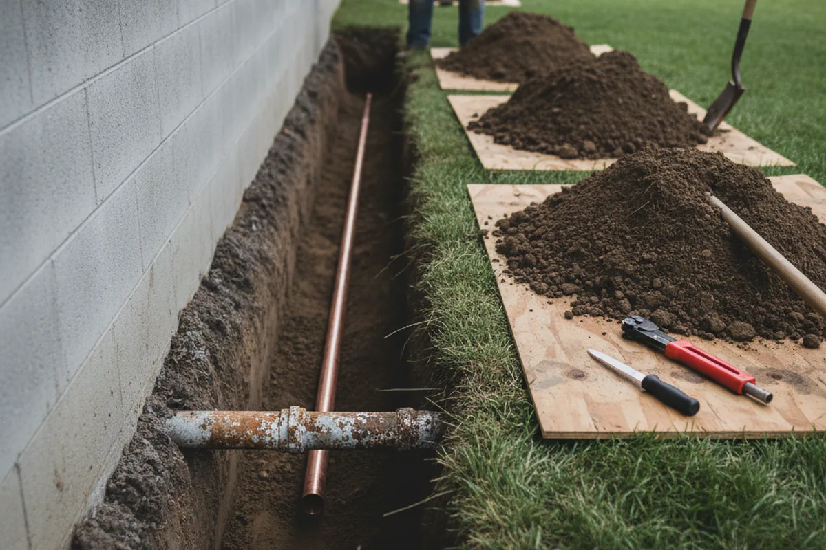 Excavated water line trench during Sewer Line Repair in East Earl